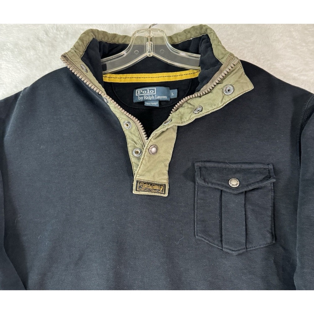 VTG Polo Ralph Lauren Military Inspired Mock Neck Henley Sweater LG Padded Elbow